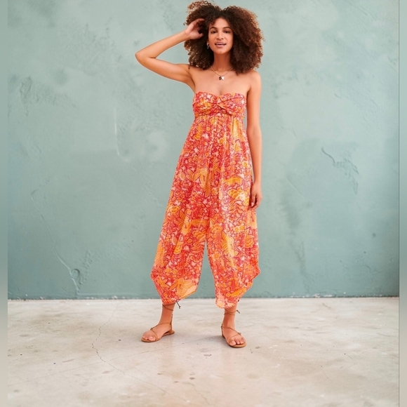 Anthropologie Pants - Anthropologie Harem Boho Strapless Orange & Red Jumpsuit. Size Medium